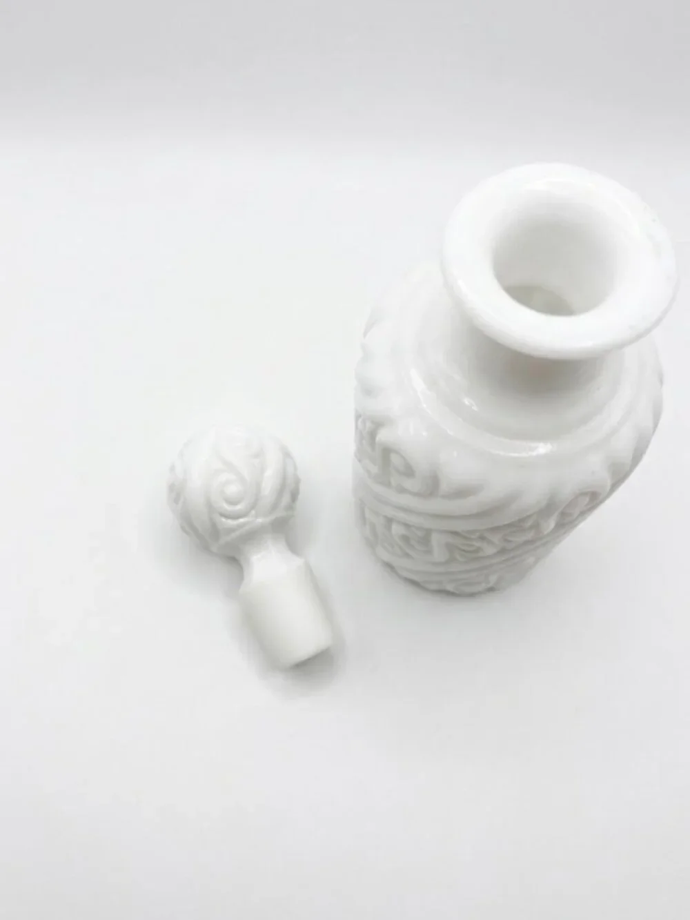 Vintage White Milk Glass Decanter Bottle Stopper Raised Scroll Design 7.25